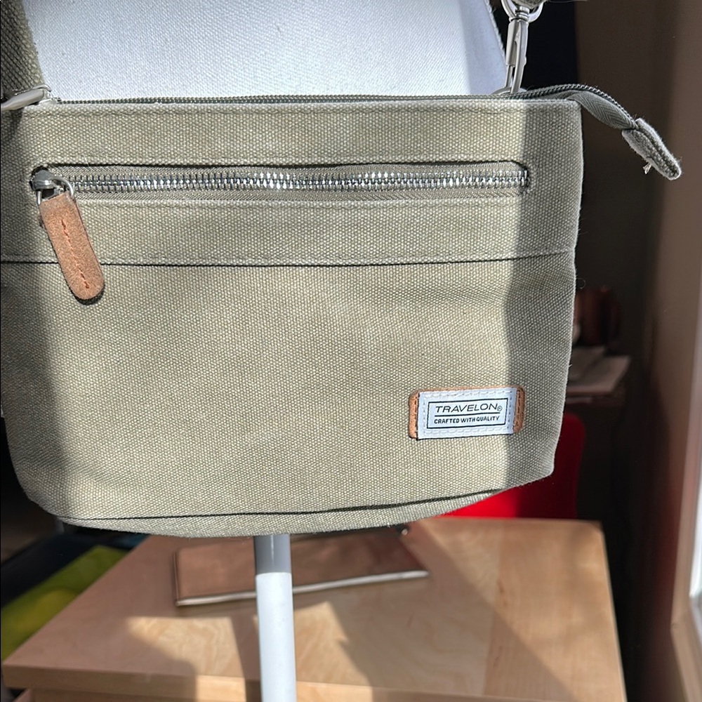 Travelon Olive Green Bag with RFID pocket inside.